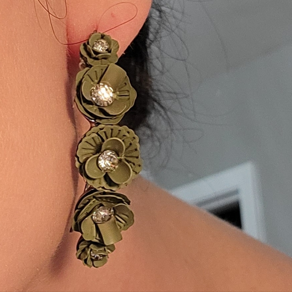 Army green flower and rhinestone earrings